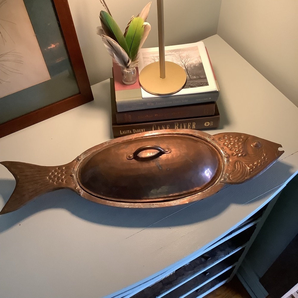 Vintage Hammered Copper and Brass Turkish Fish Baking Server Lidded Pan